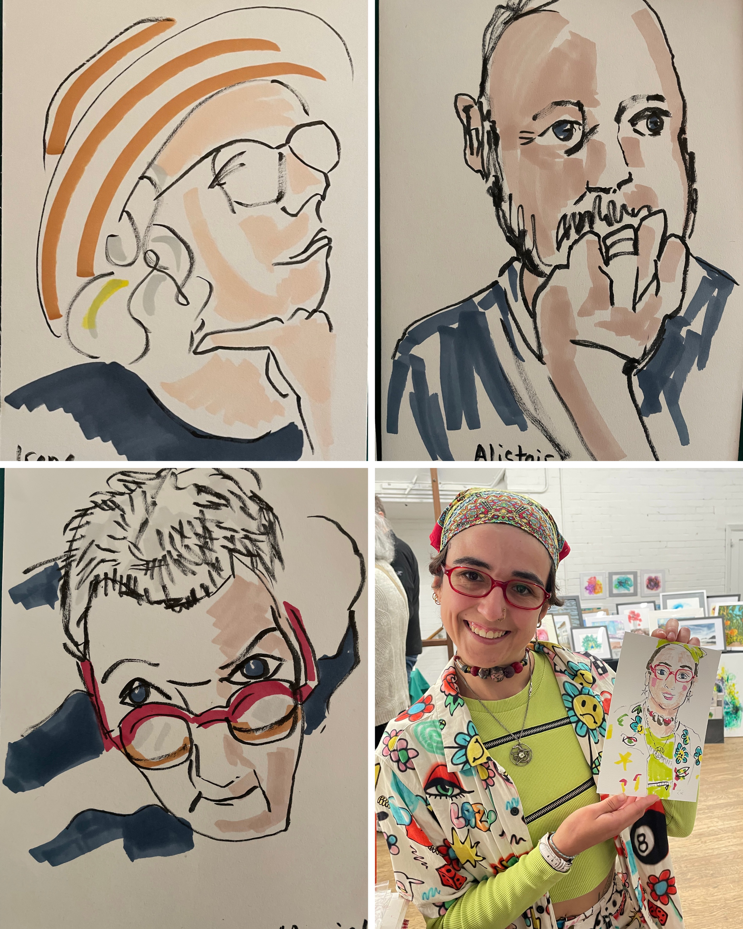 Four images of Live Portraits created of guests at a live event. One picture includes the guest with her portrait by Zoe Parker Illustration