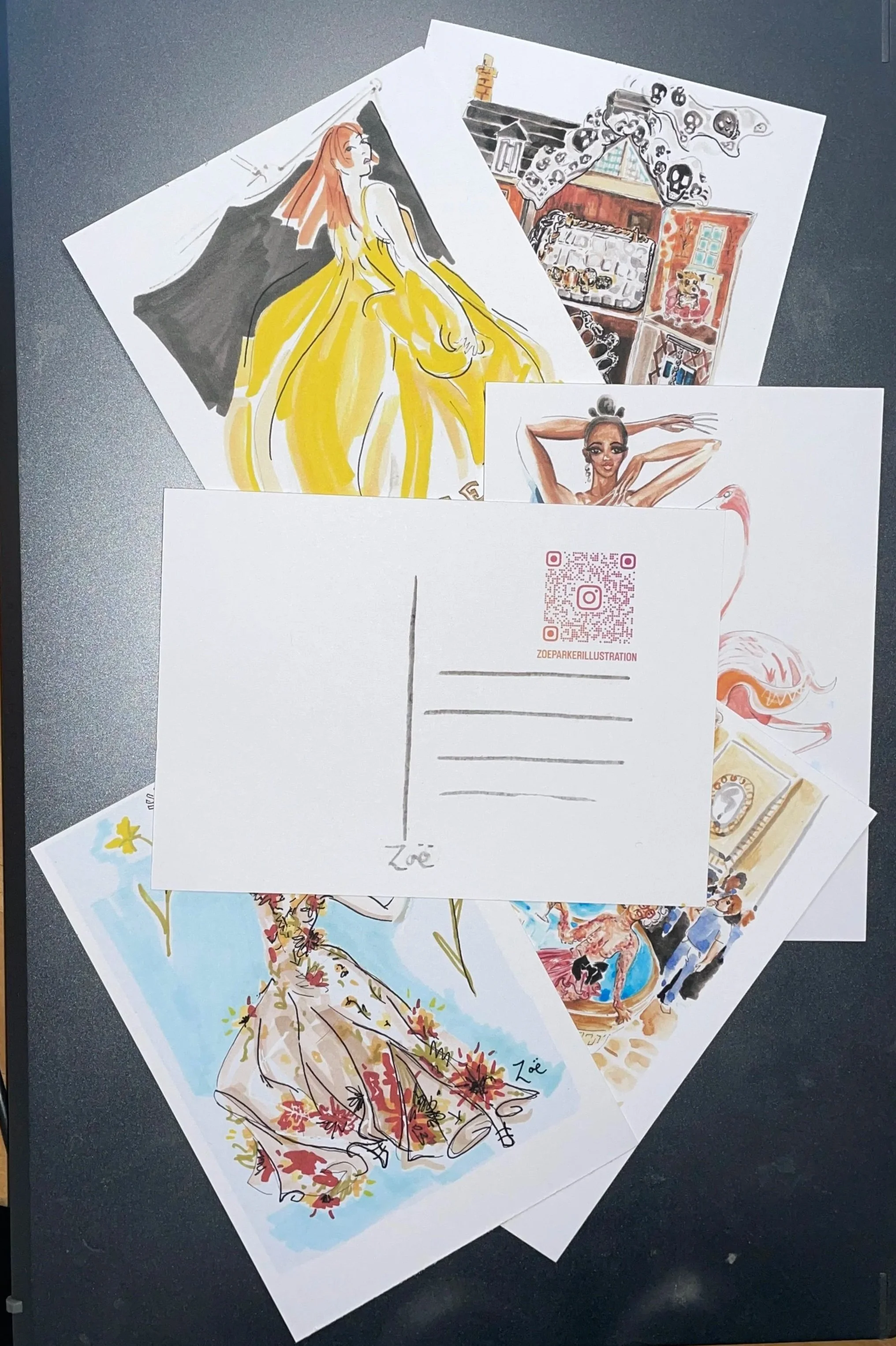 Set of 6 fashion illustration postcards featuring different designs ink-jet printed on 300gsm card printed on both sides
