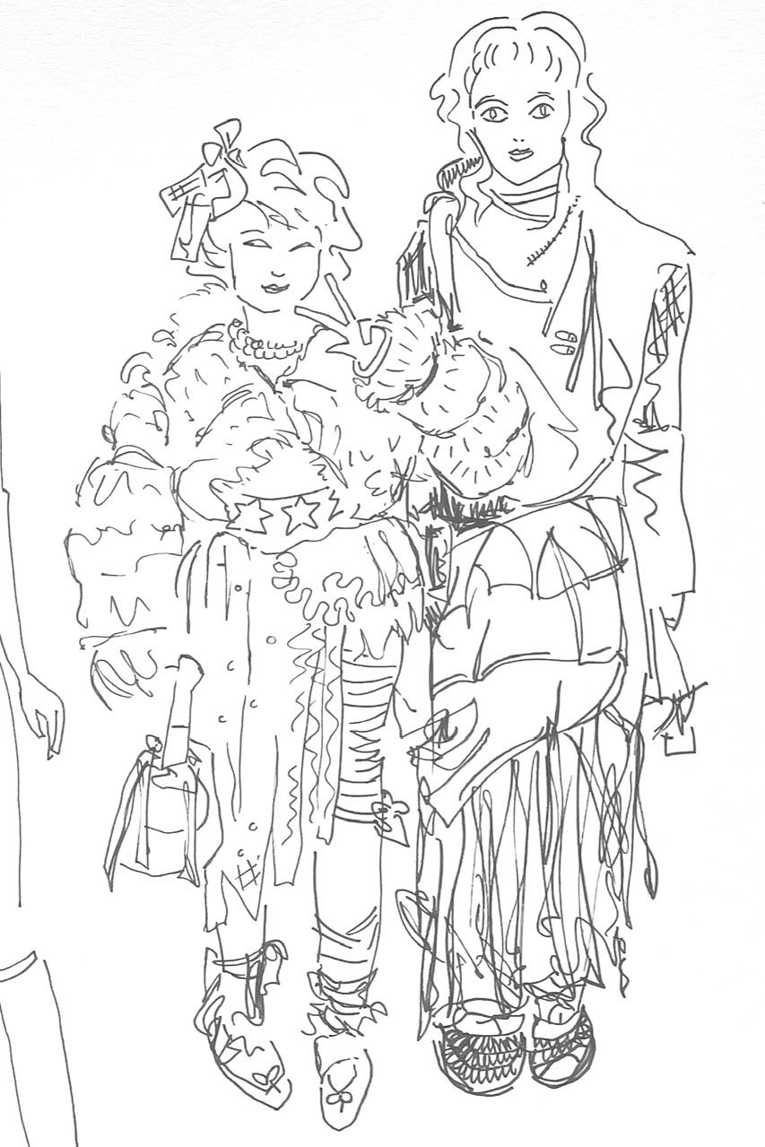 Line drawing of two fashion students dressed up in cosprop, cosplay, manga style clothes, layers of clothing and lace, jewellery and accessories, ribbons tied around legs, mixed fabrics, stars and fur.