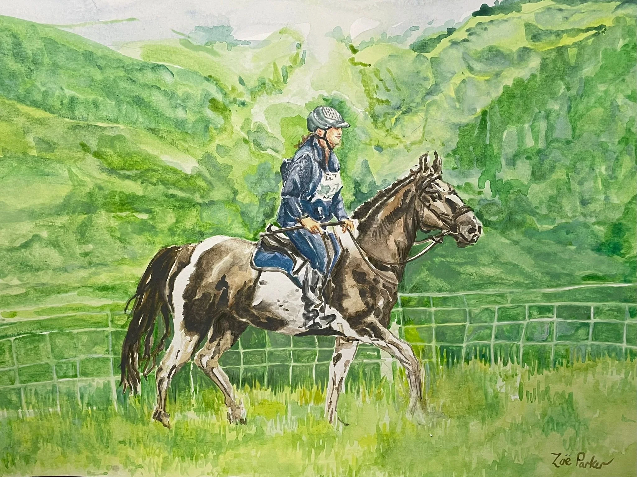 woman on horse in field watercolour portrait.JPG