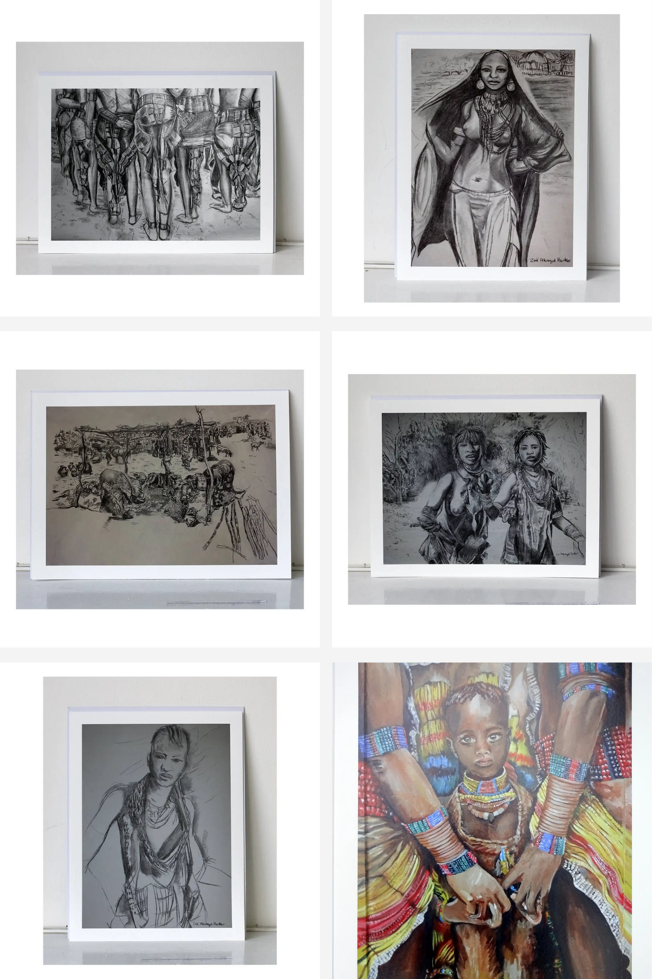 a selection of fine art giclee prints featuring my charcoal drawings from Ethiopia. They feature tribes women in different poses, some are clustering together in a group, another one is posed alone. There is also a busy market scene.