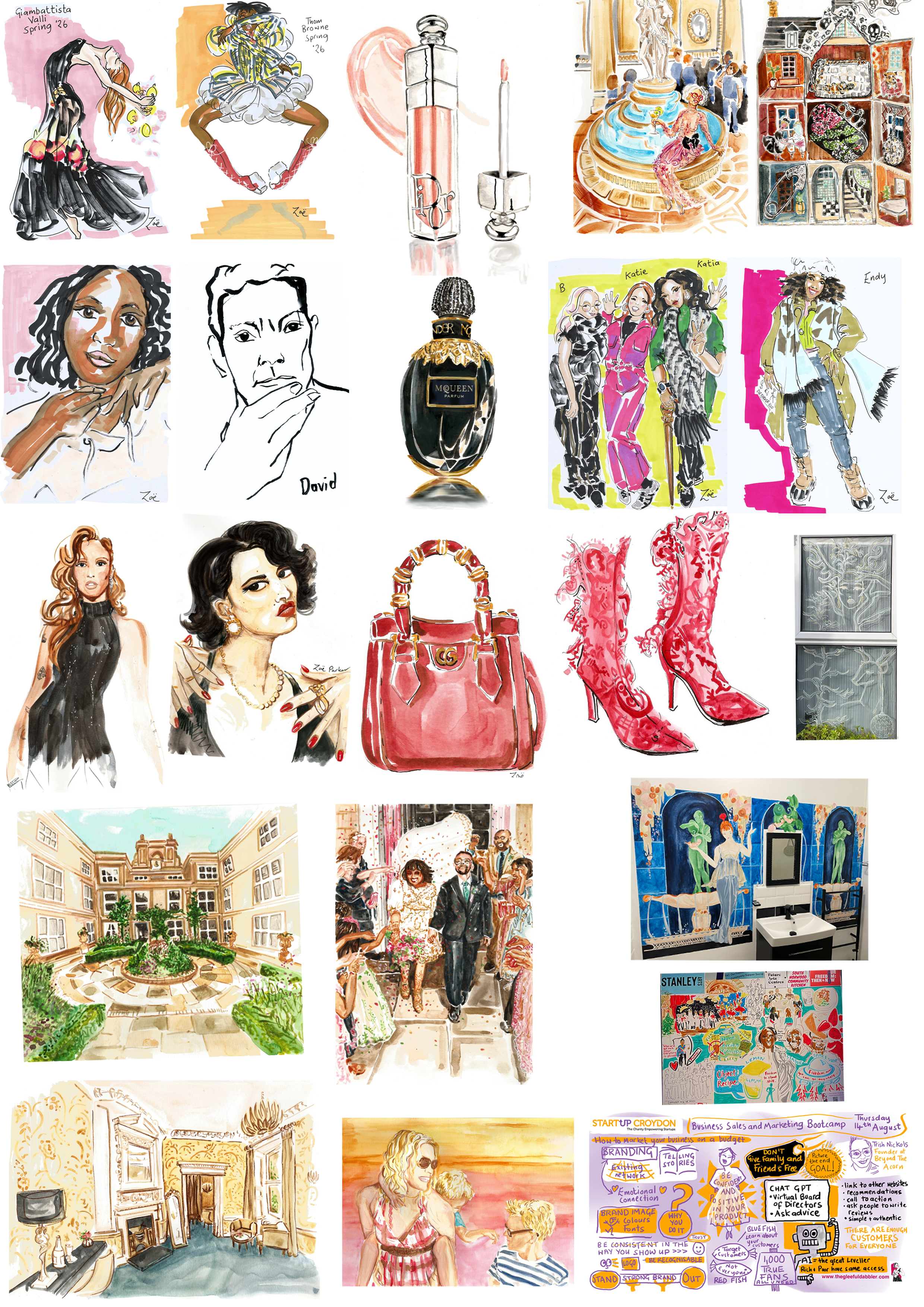 one page portfolio showcasing my illustrations. Fashion illustrations in watercolour and promarker-live event illustrations- portrait sketches- live portraits- beauty product illustrations- celebrity portraits- window painting -mural painting-