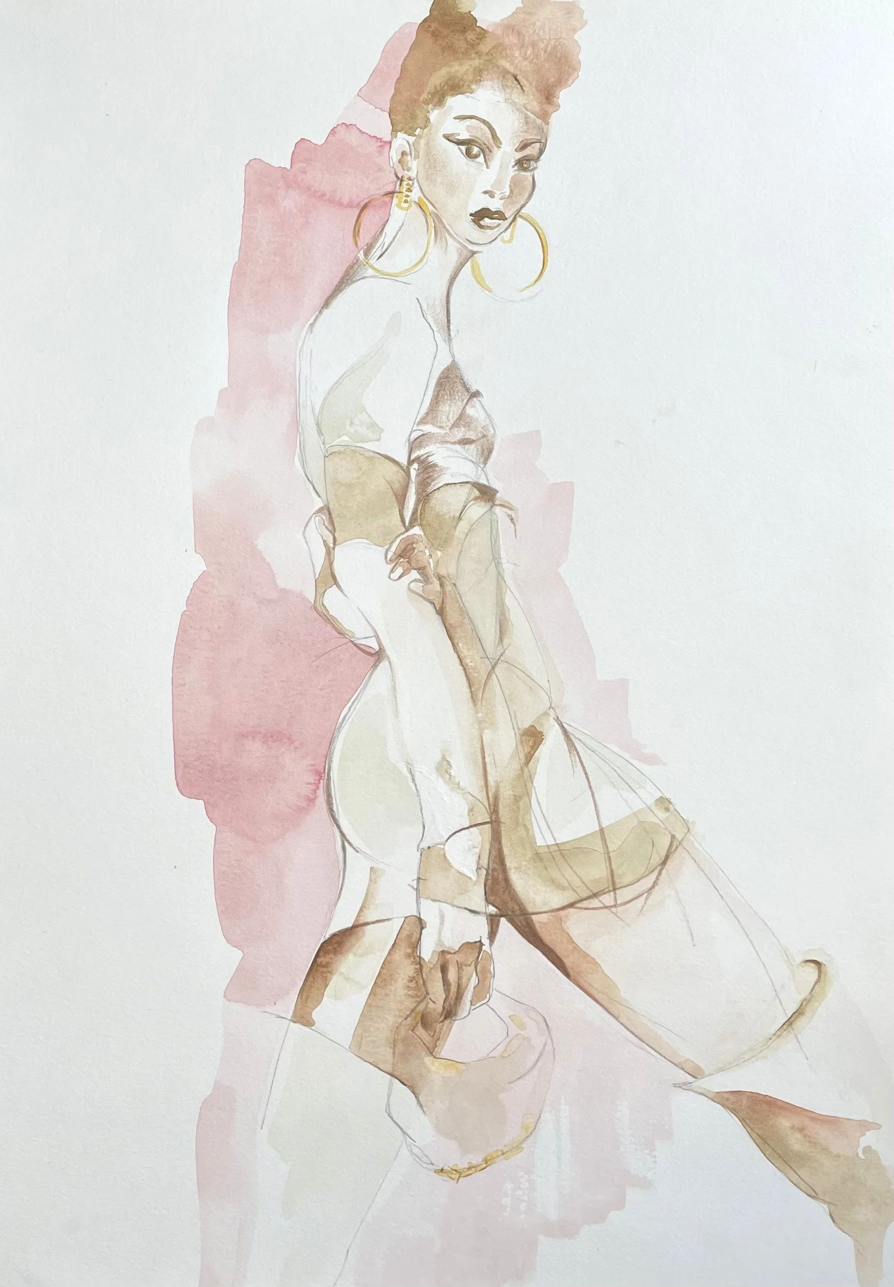 A watercolor-style illustration of a woman with red hair, wearing large hoop earrings, makeup with winged eyeliner and dark lipstick, dressed in a loose, off-shoulder top, holding a wine glass, with pink and beige watercolor background.