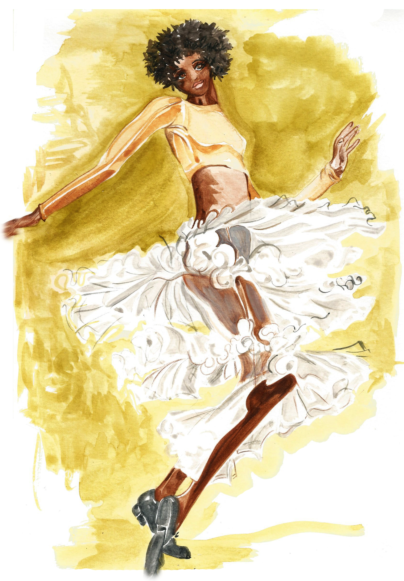 A woman with dark skin and curly hair dancing in a flowing white skirt, wearing a yellow top, against a yellow background.