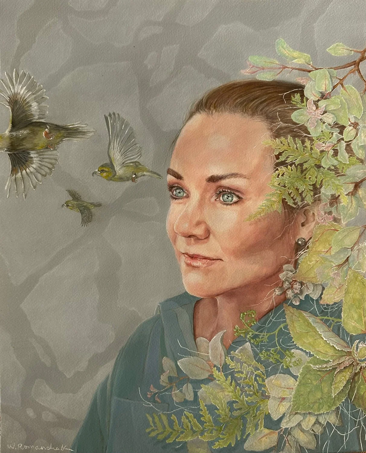  Title:  A Portrait of Abigail  Medium:  Watercolor, gouache, acrylic, pen, pencil, water soluble wax pastels  Size:  14"x17"   Description:  This portrait of Abigail, my husband's twin sister, is a celebration of her dedication as a professional pri