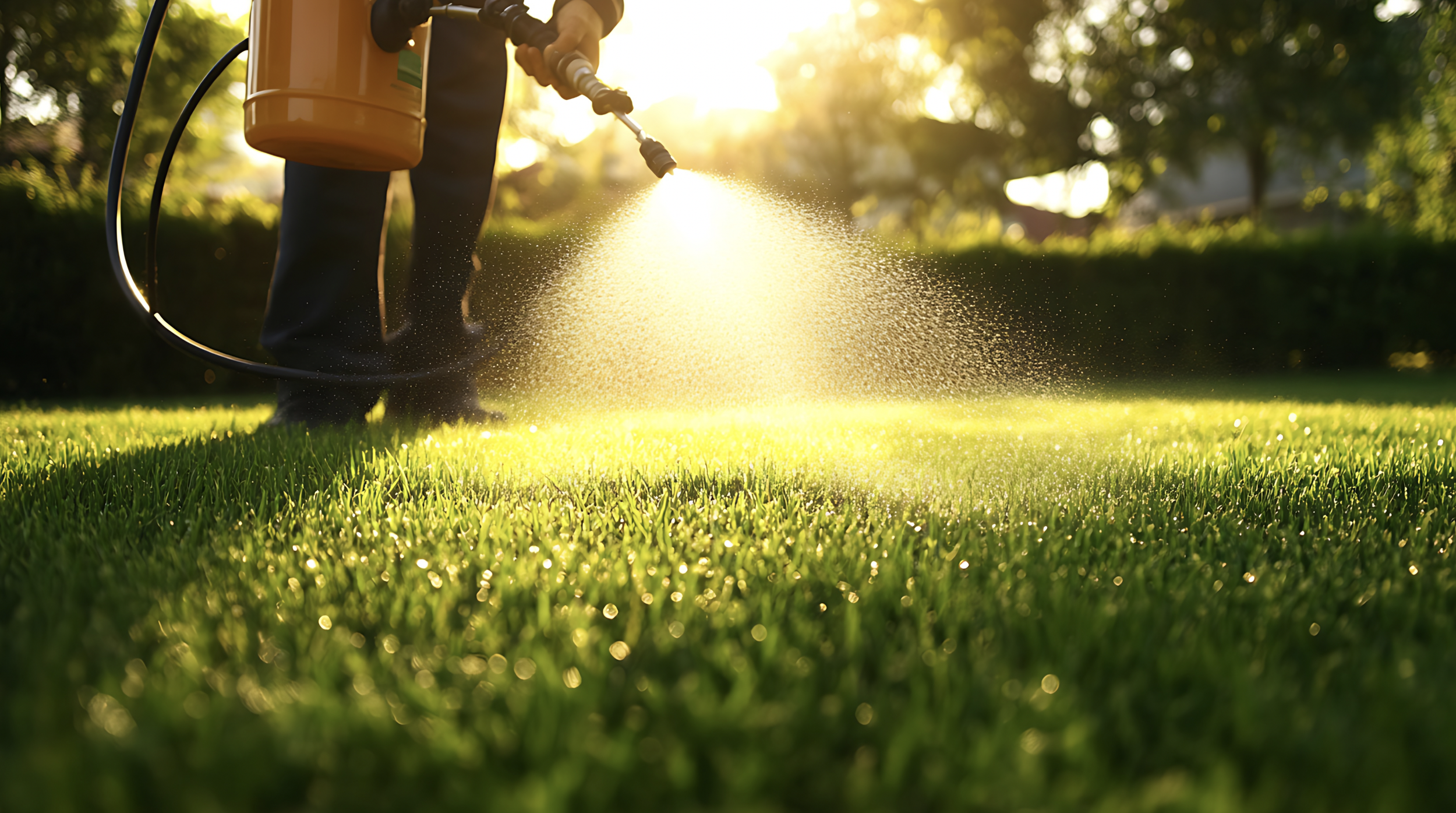 Person spraying lawn for weeds at dusk.