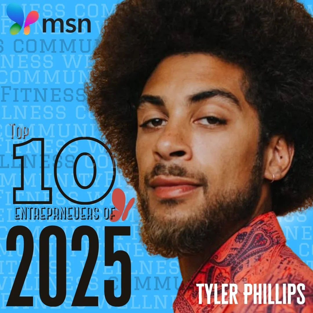 A man with curly hair and a beard wearing a red patterned shirt, looking at the camera. The image is a cover for MSN featuring the top 10 entrepreneurs of 2025, with text and a blue background.