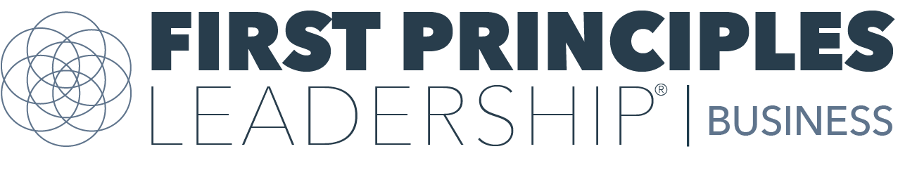 Logo for First Principles Leadership Business with a geometric circular design on the left and the text in bold and light fonts on the right.