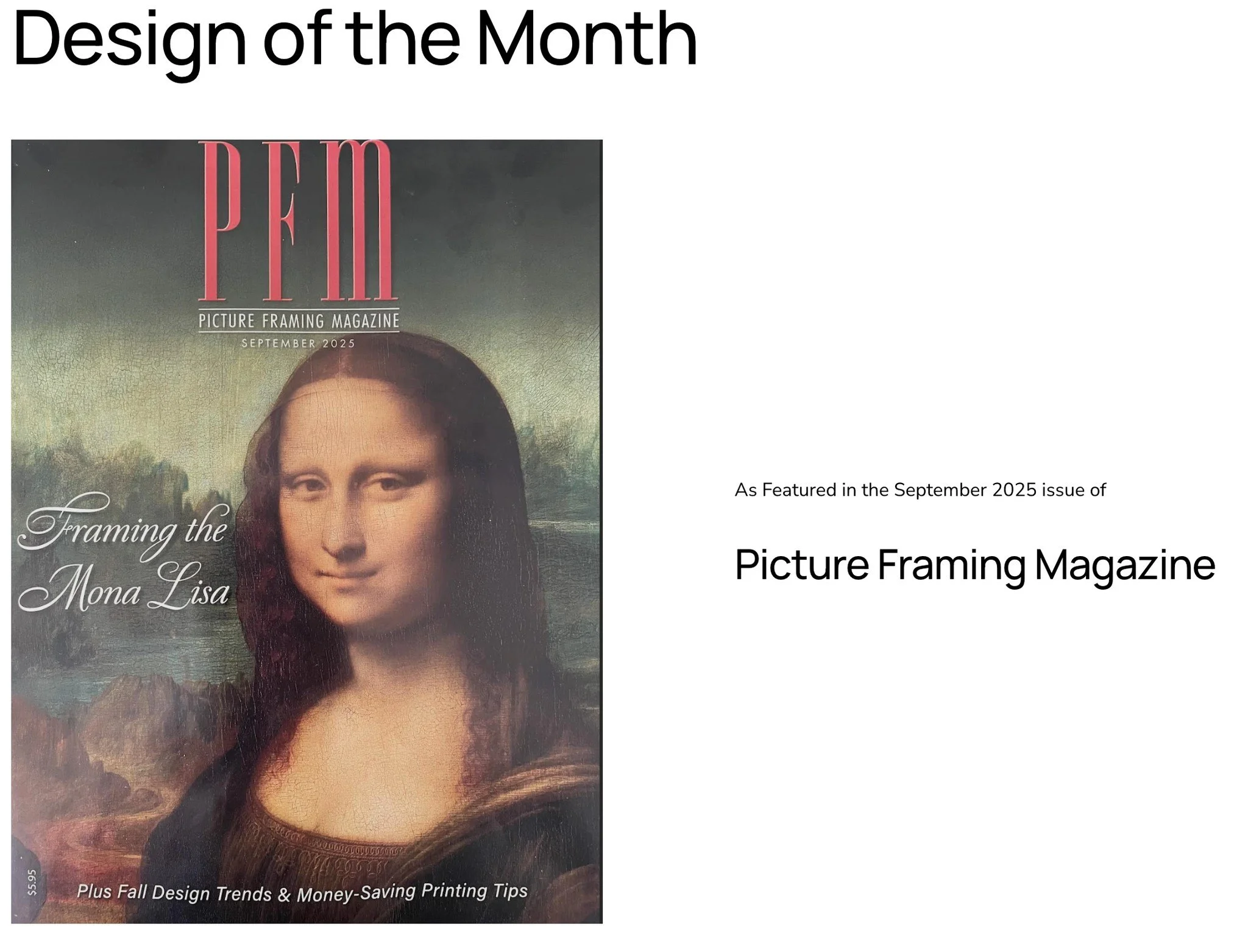 We had the privilege of being featured again in the Picture Framing Magazine!
You can read our article on our blog - https://www.parkvilleframegallery.com/blog/design-of-the-month