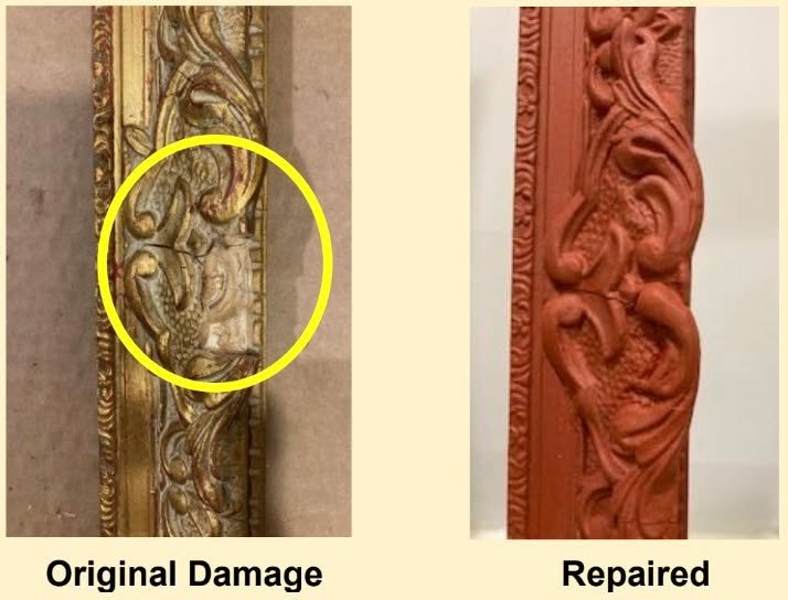 This frame came to us with some damage. We repaired the damage, primed it, and then gilded it with imitation gold leaf.

Read more on our blog: https://www.parkvilleframegallery.com/blog/featured-frame-1