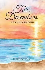 Book cover titled "Two Decembers: A Journey to Faith" with a watercolor sunset over the ocean.