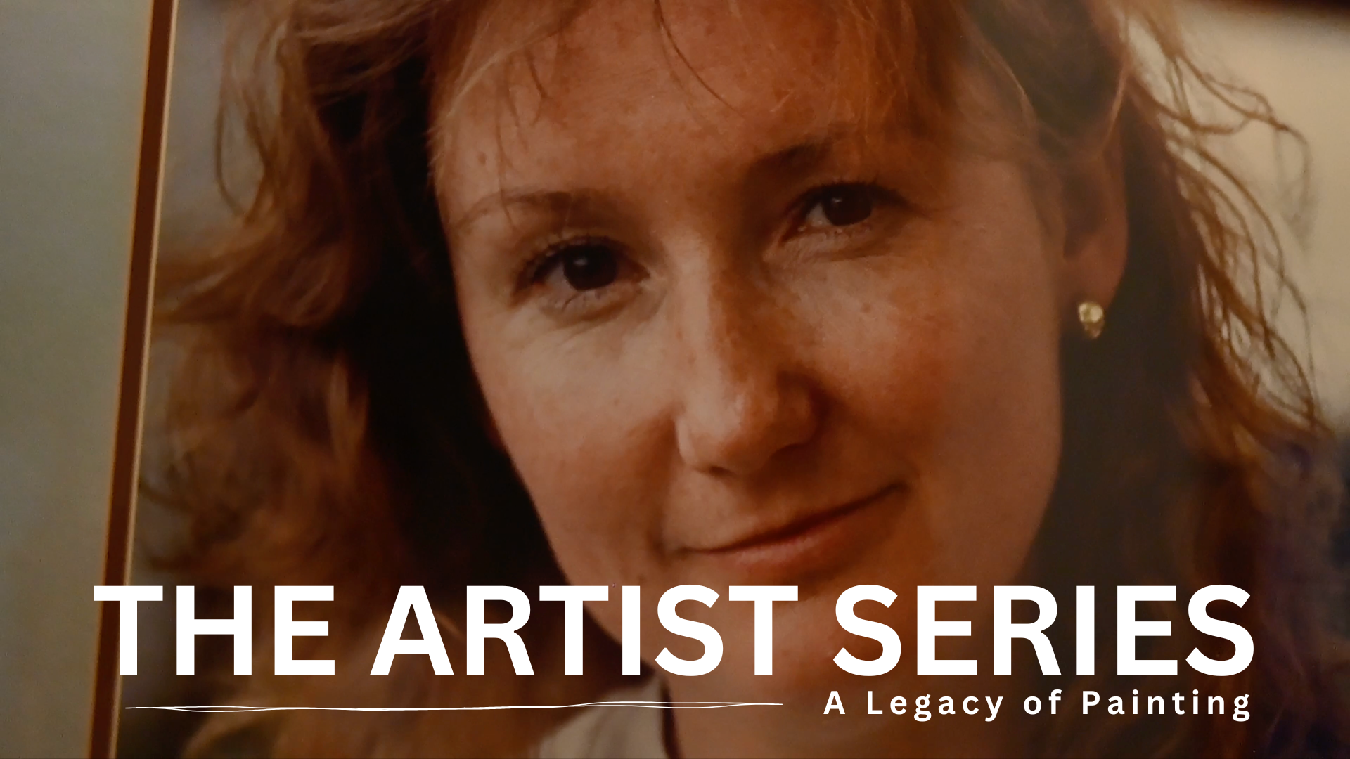 Close-up of Ruthie Wolkey face with red curly hair, earrings, and light makeup, part of a poster for 'The Artist Series' documentary on YouTube.