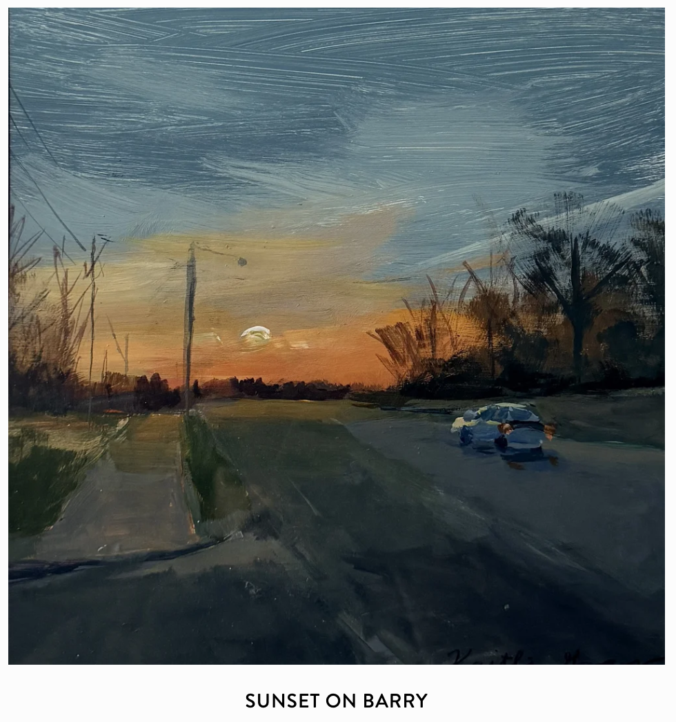 A landscape painting of a sunset over a rural area with a road, a parked car, trees, and a sky with streaks of clouds and a setting sun.