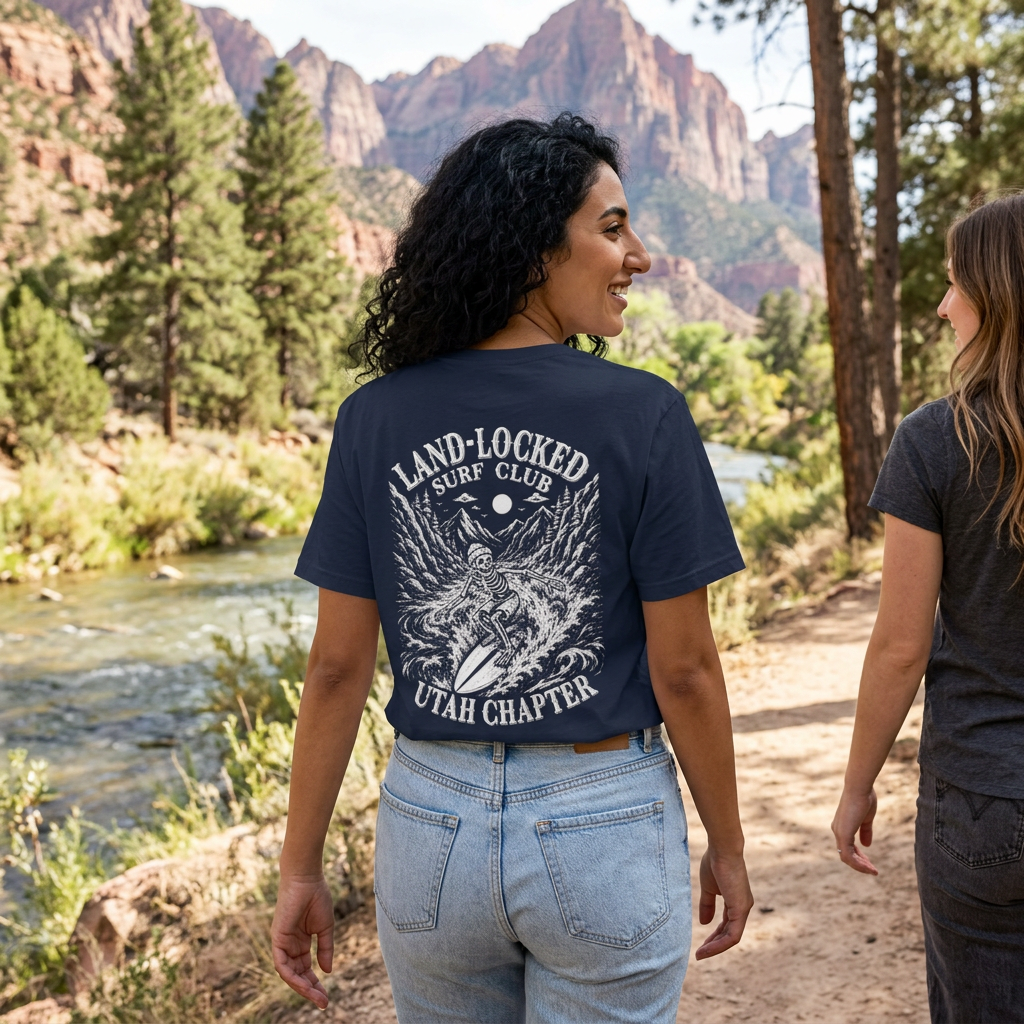 Two women walking along a trail by a river in a mountainous forested area. One woman is smiling and wearing a navy t-shirt with a graphic of a skeleton surfing and the text "Land-Locked Surf Club Utah Chapter."