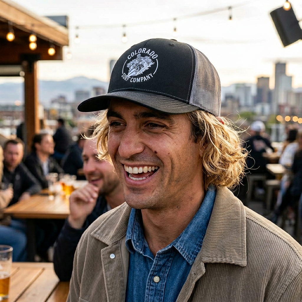 A man smiling at an outdoor gathering wearing a black and gray trucker hat with a Florence flag patch and a beige jacket, with a city skyline in the background.