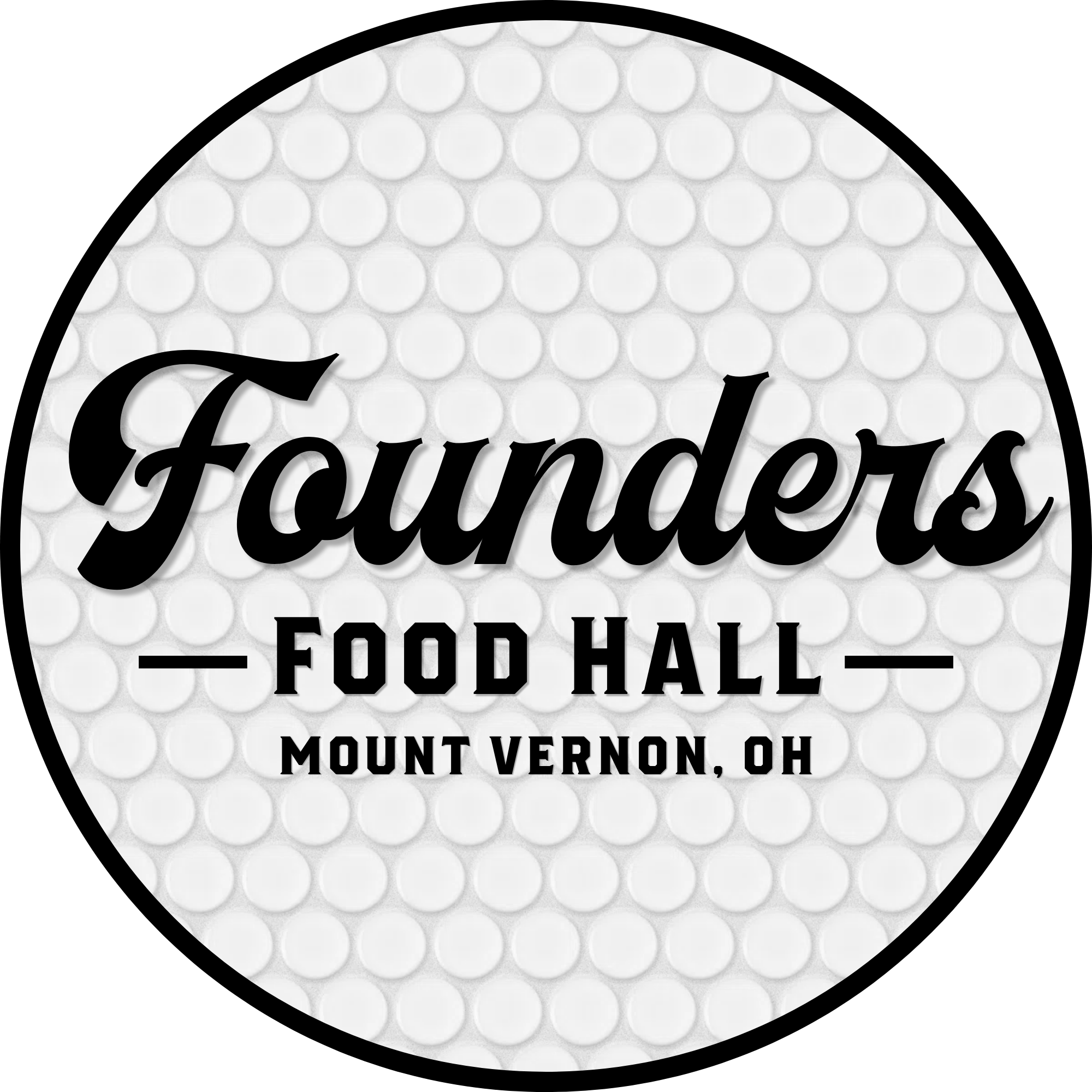 Close-up of a circular logo with a background of bubble wrap, featuring the word "Founders" in large black script and "Food Hall" in smaller black uppercase letters below, with location "Mount Vernon, OH" at the bottom.