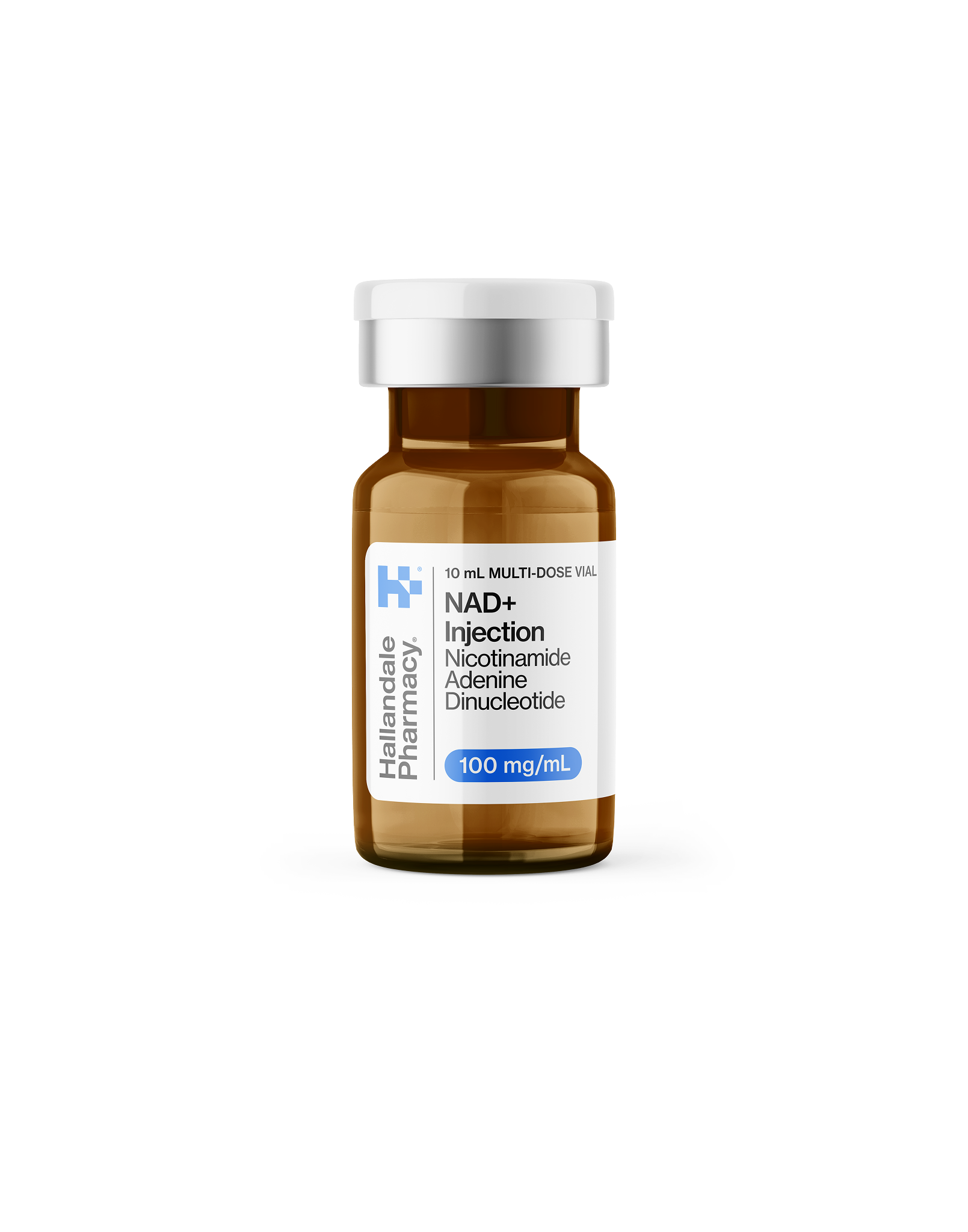 A small brown glass vial labeled NAD+ Injection with a white cap and a white label showing it contains 100 mg/mL of Nicotinamide Adenine Dinucleotide, manufactured by Hallandale Pharmacy.