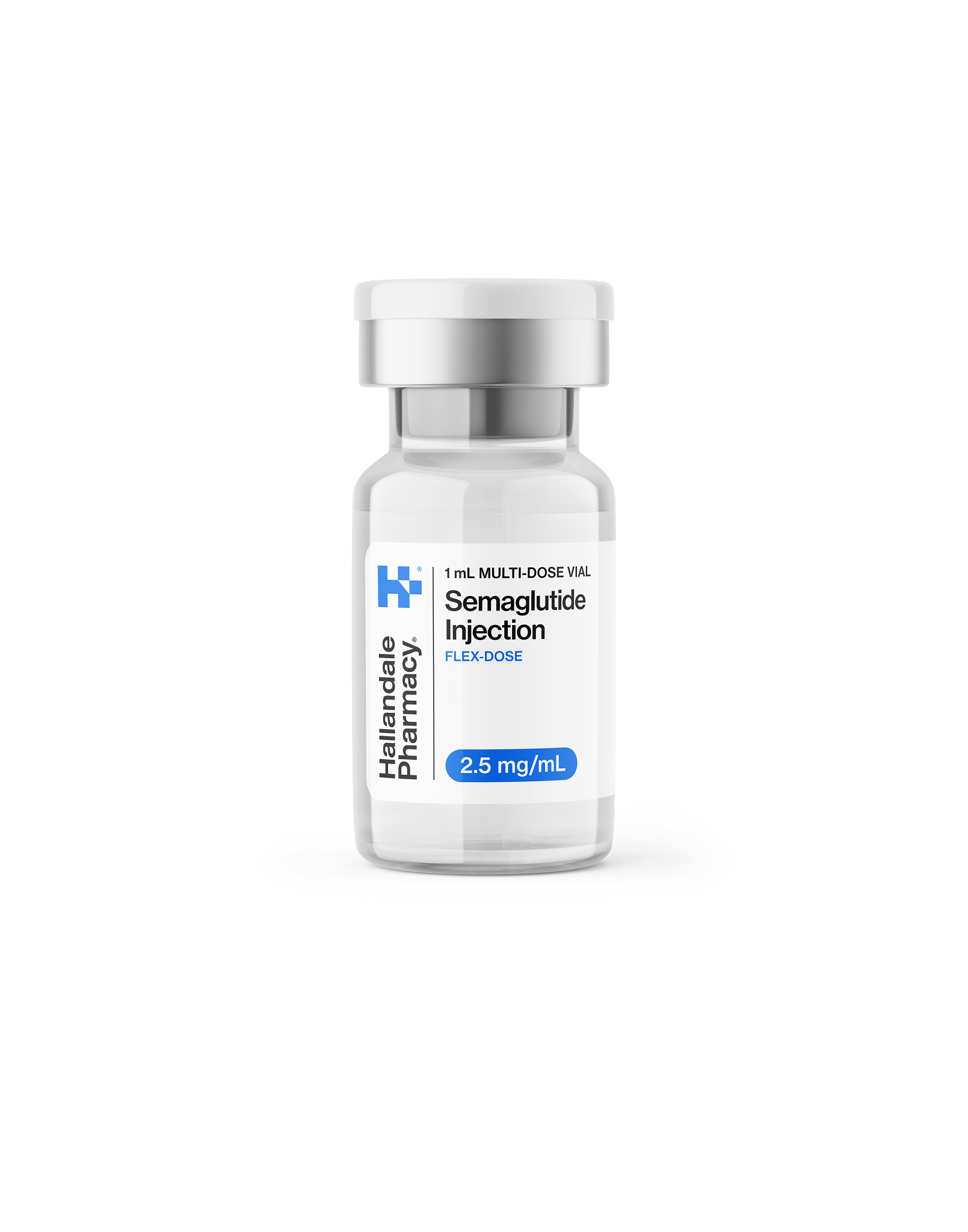 A vial of Semaglutide injection medication from Hallandale Pharmacy placed next to a white box, with a black background.