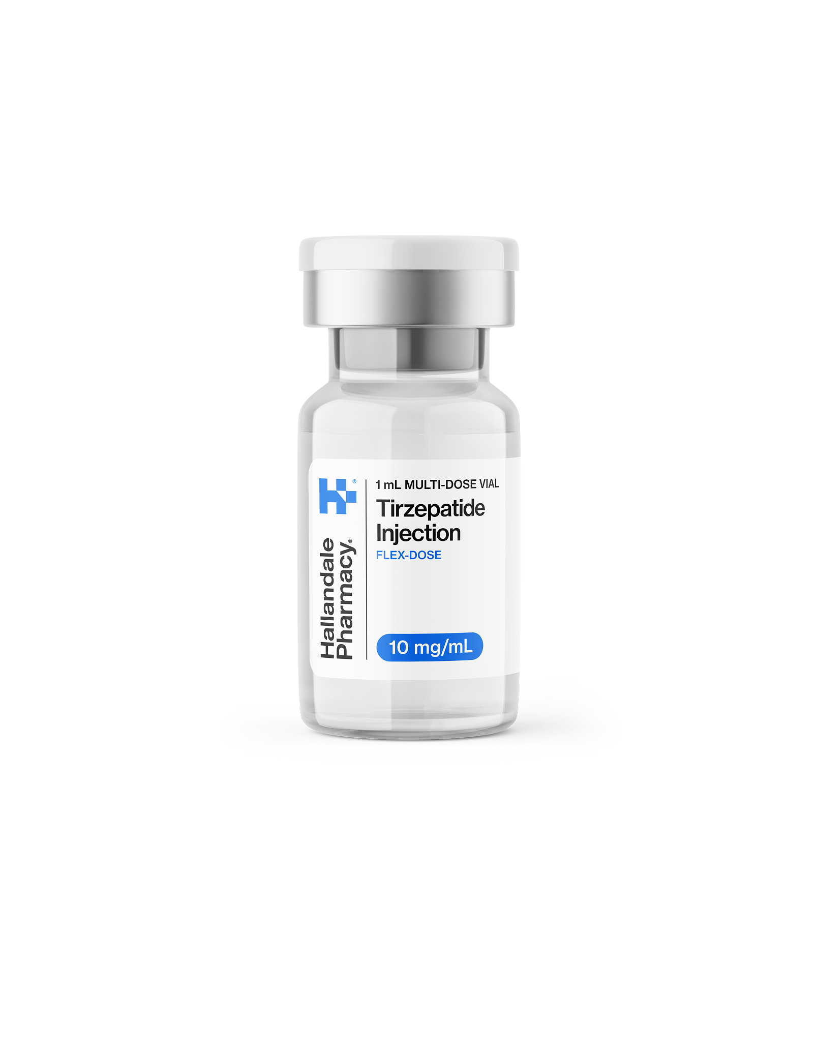 A vial of Tirzepatide injection labeled with the pharmacy name Hallandale Pharmacy, dosage of 10 mg/mL, and indicated as a multi-dose, flex-dose medication.