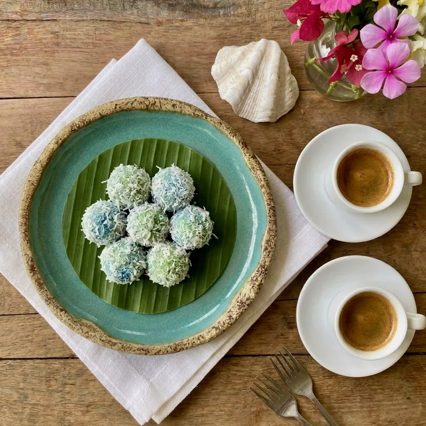Klappon (sticky rice balls with liquid palm-sugar centres)