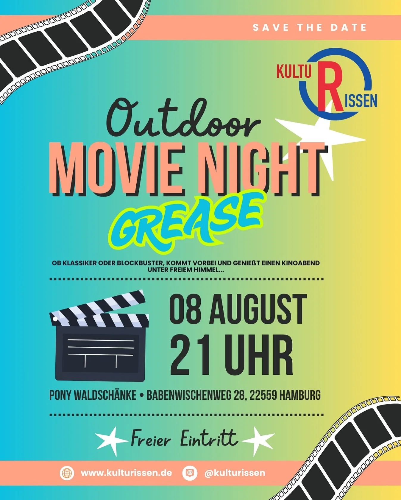 🎬✨ OPEN AIR MOVIE NIGHT ✨🎬

08.08.2025 | 21:00 Uhr📍 PONY Waldsch&auml;nke (@pony_hamburg)
Wir starten unsere neue Open Air Movie Night Reihe mit dem absoluten Klassiker GREASE! 🕺💃

🌟 Unterm Sternenhimmel
🍿 Gute Vibes garantiert
🎟️ EINTRITT FR