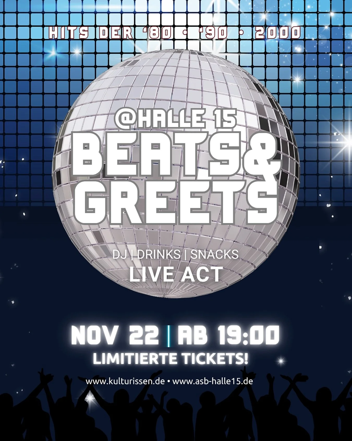 🪩 &Uuml;𝟹𝟶-ᴘᴀʀᴛʏ ɪɴ ʀɪssᴇɴ - ғᴇɪᴇʀɴ ғ&uuml;ʀ ᴅɪᴇ ᴋᴜʟᴛᴜʀ! 🪩

Lust auf gute Stimmung, tanzen und musikalische Flashbacks?
KultuRissen und die ASB |&nbsp;Halle 15 laden euch ein!
Mit Musik der 80er, 90er und 2000er machen wir richtig Krach.

✨ Das B