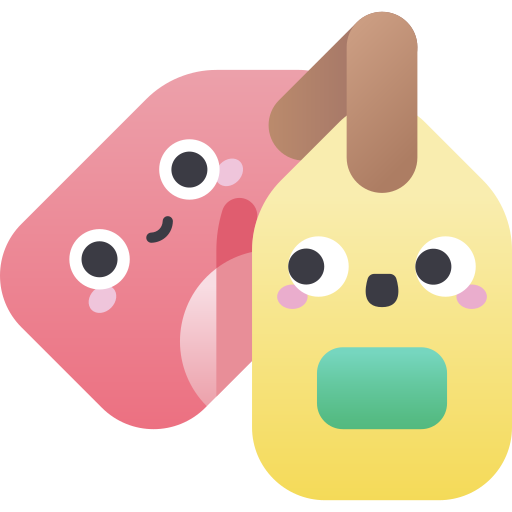 Cartoon illustration of a pink cube character and a yellow ice cream bar character with smiling faces and blushing cheeks.