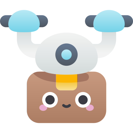 Cute robot with a square brown body, big round eyes, pink cheeks, a small smile, and a white satellite dish on top with blue lights.