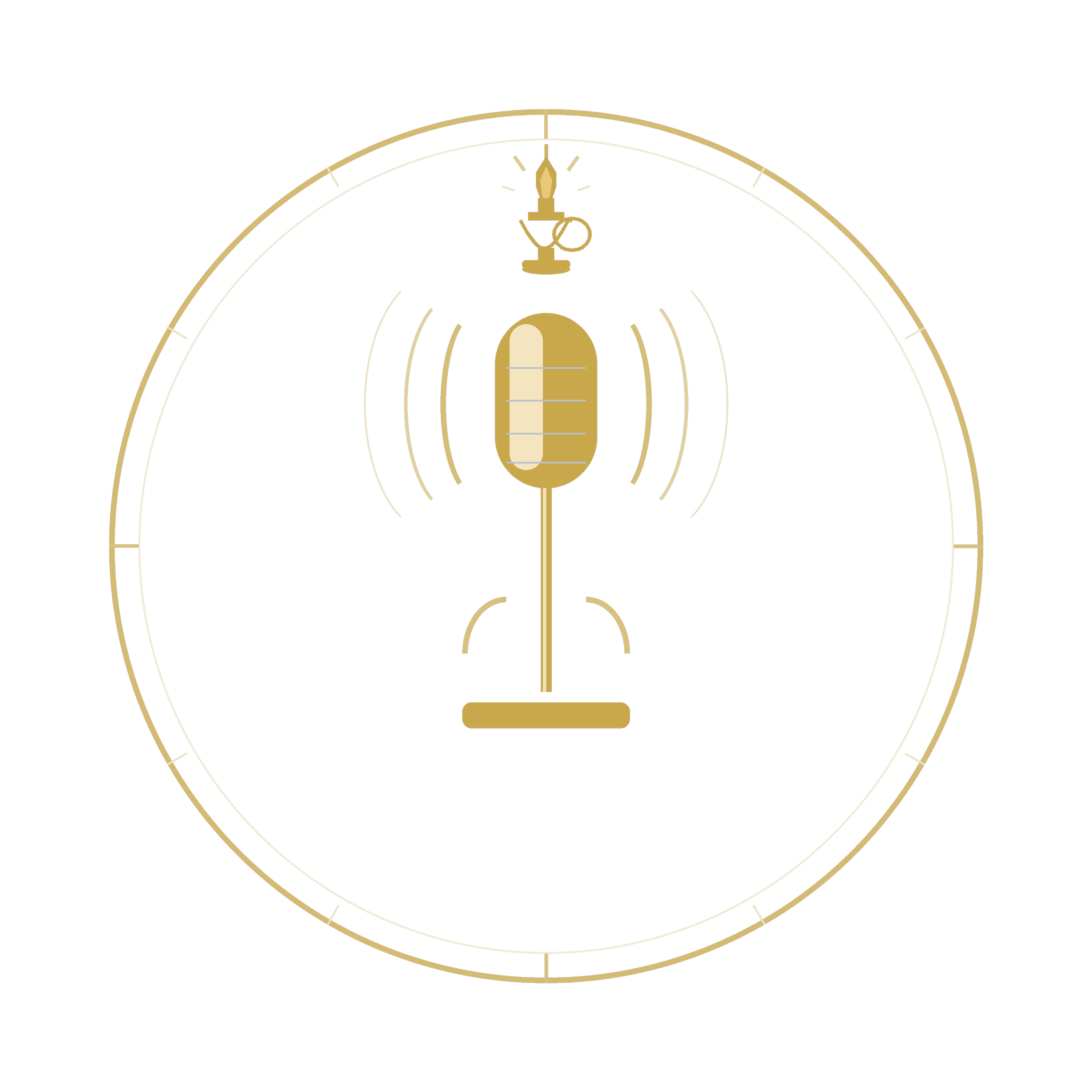 Golden alarm clock with a candle flame on top, set against a black background with radiating lines.