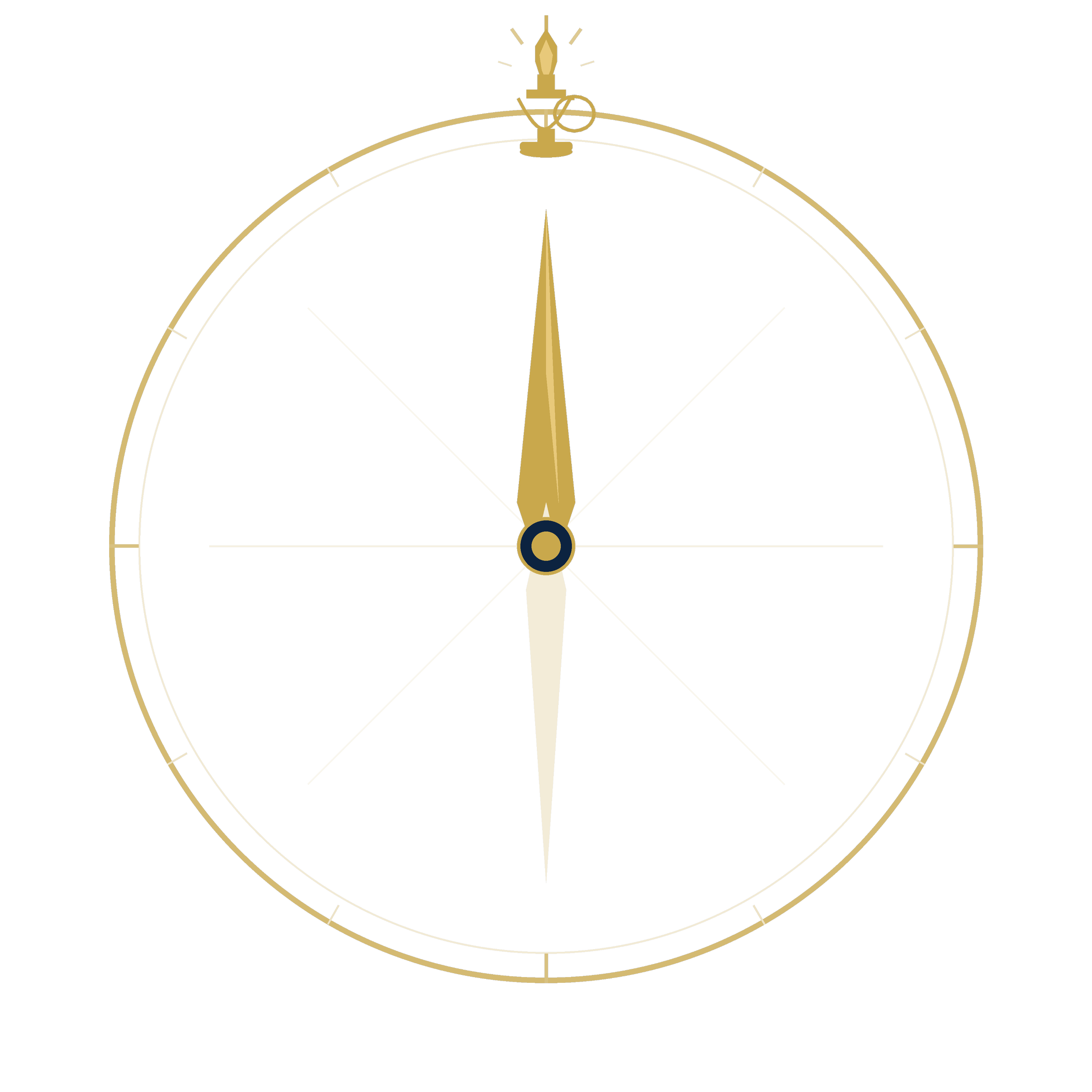 A vintage gold and black clock face showing midnight with a gold hands pointing up, surrounded by a black background.
