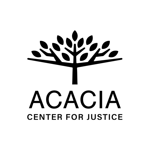 Logo with a stylized tree above the words "Acacia Center for Justice."
