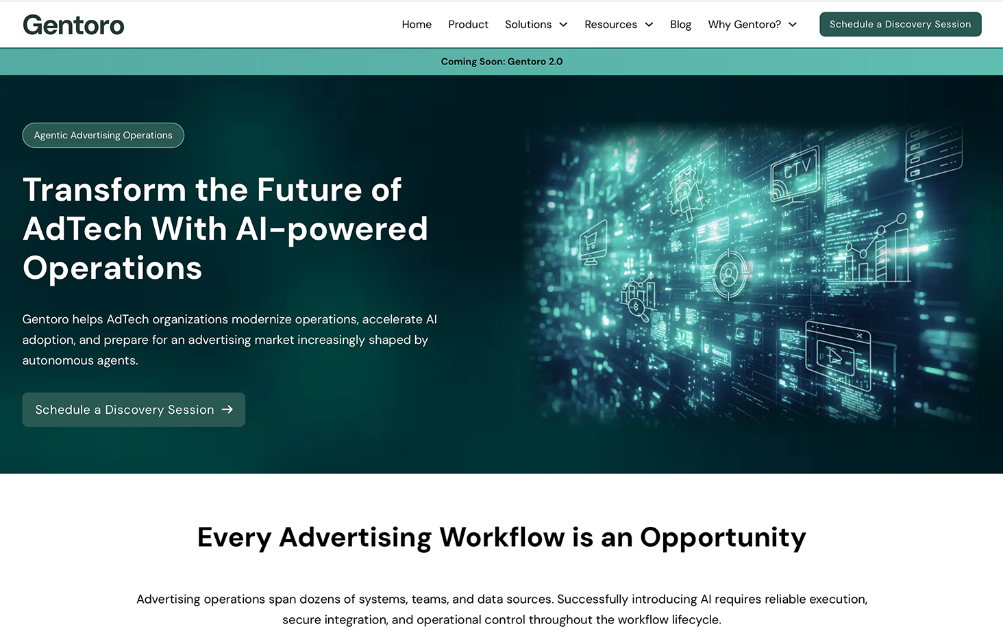 Screenshot of a website homepage for Gentoro, an advertising technology company. The page features a futuristic digital background with icons and data graphics. The headline reads 'Transform the Future of AdTech With AI-powered Operations,' and there's a call-to-action button to schedule a discovery session.