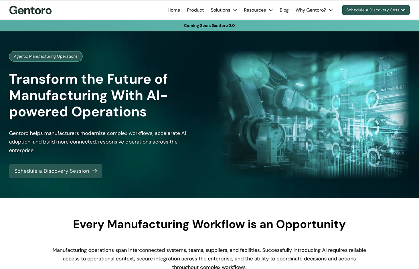 Screenshot of a website homepage for Gentoro, a company that offers AI-powered manufacturing operations solutions. The page includes a headline about transforming manufacturing with AI, a background image of robotic arms and digital data, and navigation links for Home, Product, Solutions, Resources, Blog, Why Gentoro, and a button to schedule a Discovery Session.