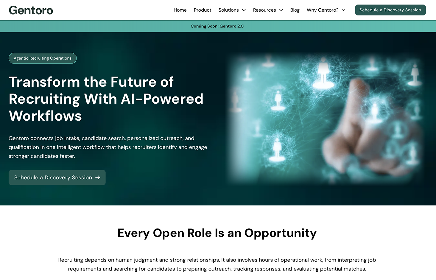 Screenshot of a website homepage for Gentoro, a company that offers AI-powered recruiting workflows. The page features a header with navigation links and a "Schedule a Discovery Session" button. The main section promotes transforming recruiting with AI, showing an abstract digital network of human icons connected by lines, with a hand pointing at the network.