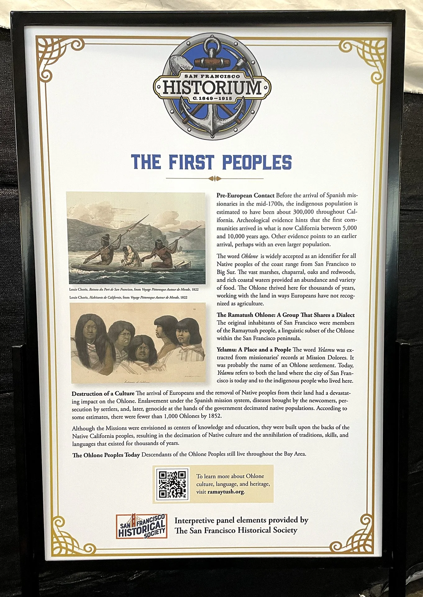 Information board about the Ohlone people, their history, culture, and impact in San Francisco, featuring illustrations of Native American people and historical images.