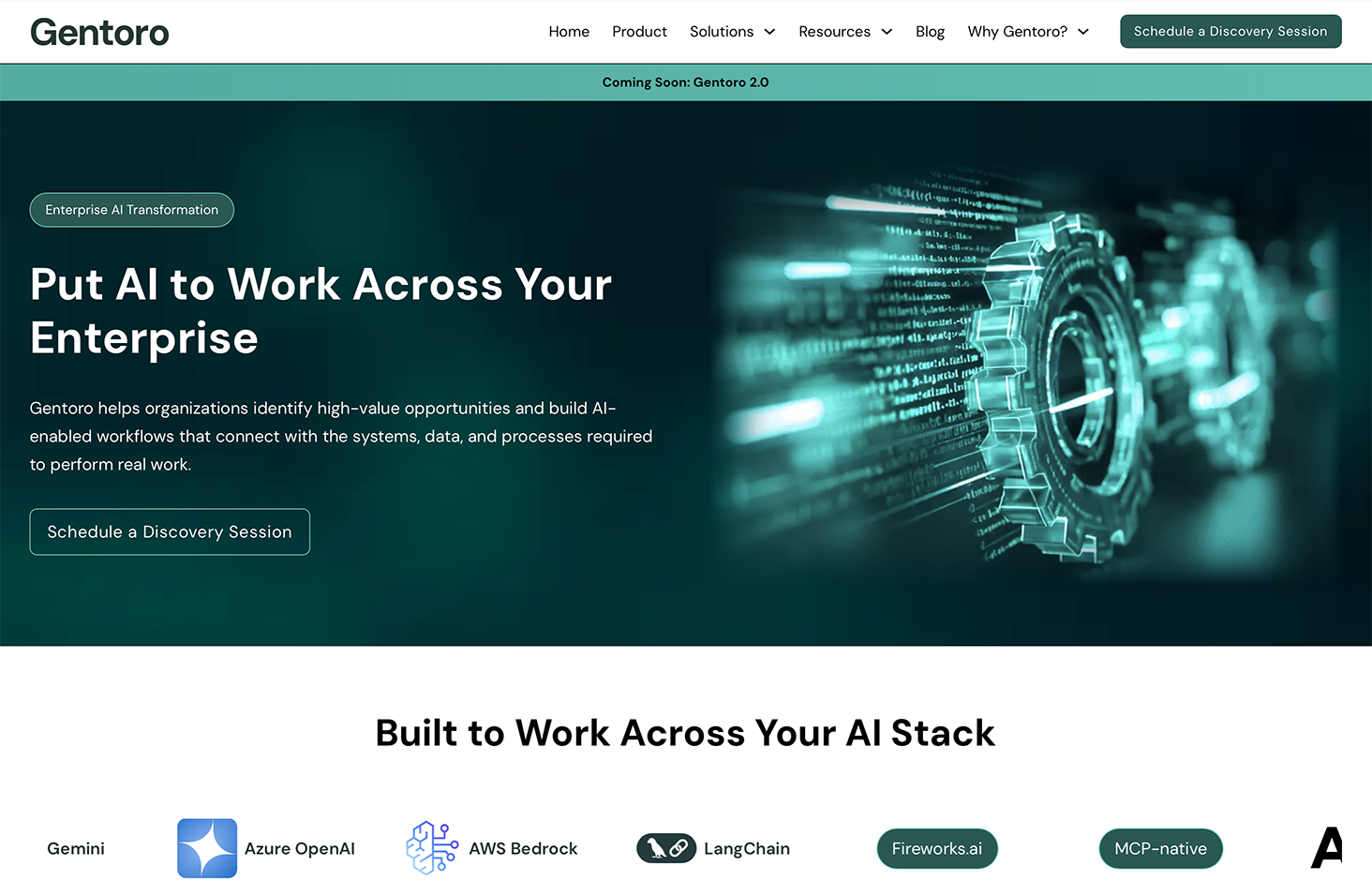 Homepage of Gentoro website featuring a digital gear and data visualization with headlines about AI-driven enterprise solutions and buttons for scheduling discovery sessions.