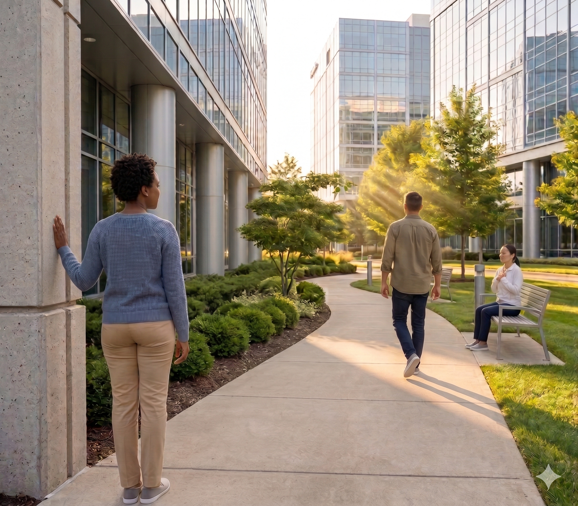 AI generated image of 3 people walking in a business park