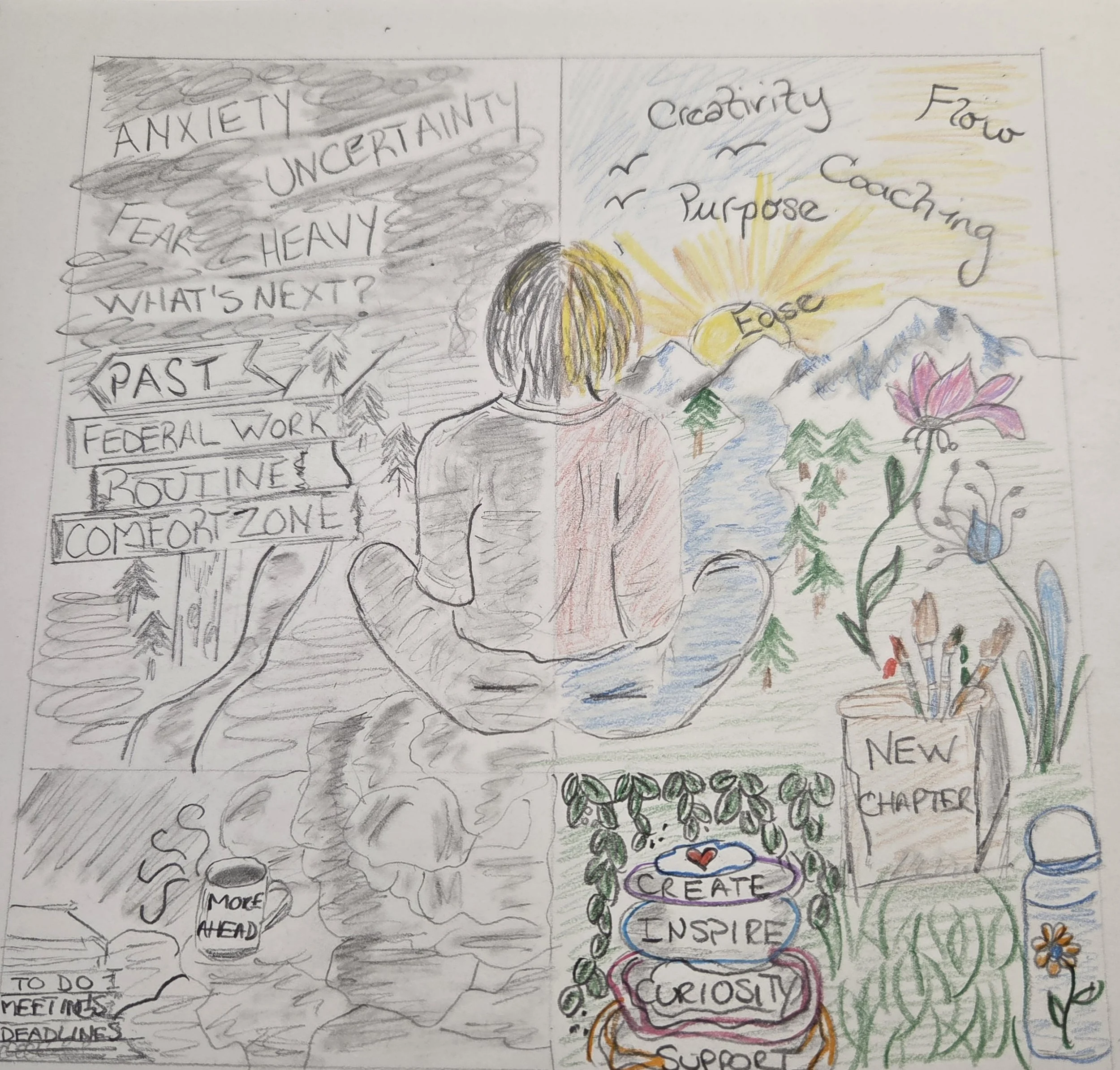 Hand-drawn woman viewed from behind, divided between a black-and-white landscape symbolizing uncertainty and a colorful landscape representing creativity, nature, and new possibilities.
