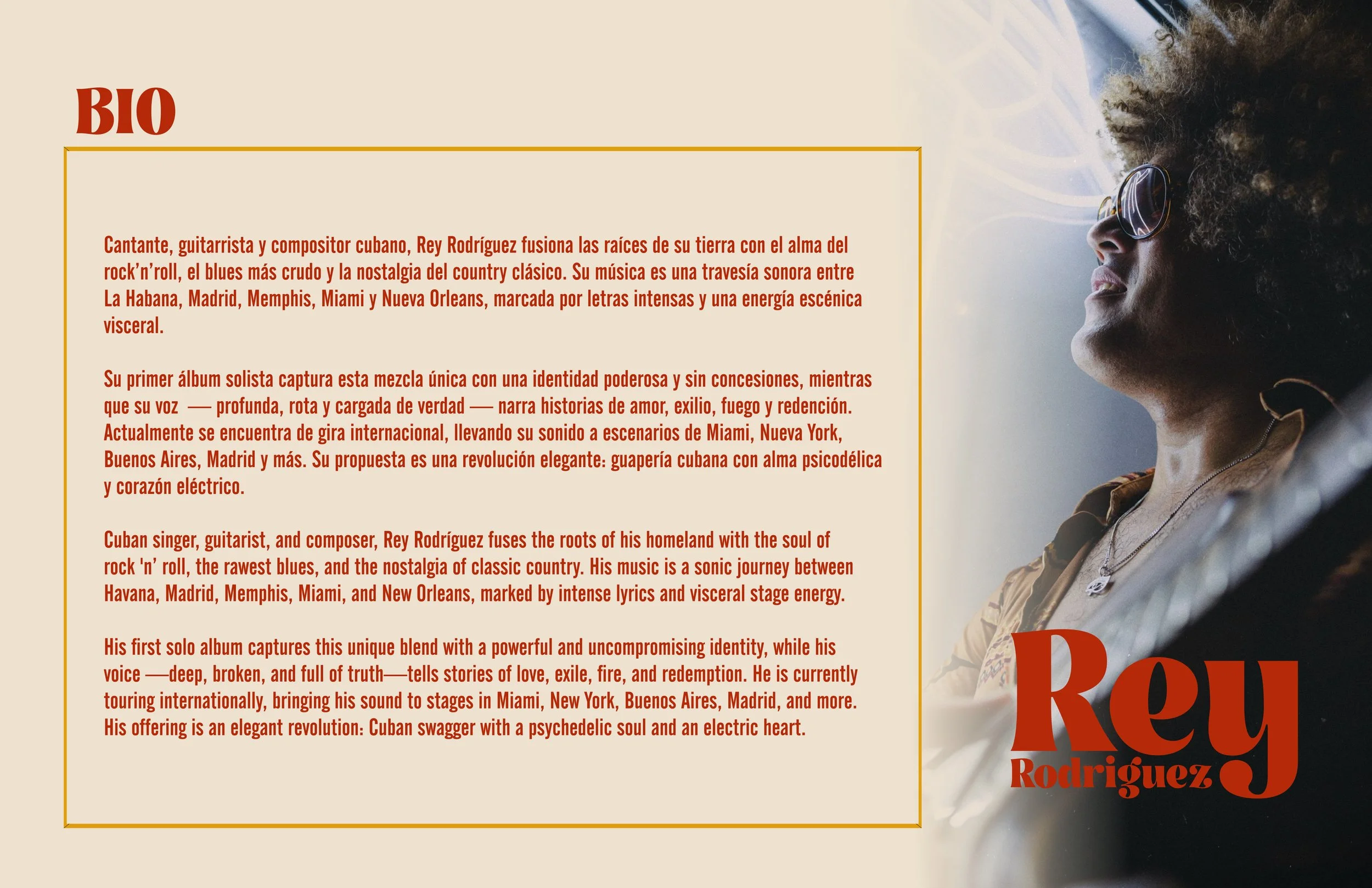 A woman with curly hair, sunglasses, and a necklace gazing out of a car window. To the left, red text introduces Reyes Rodriguez, a Cuban singer and guitarist, describing his musical style and international career.