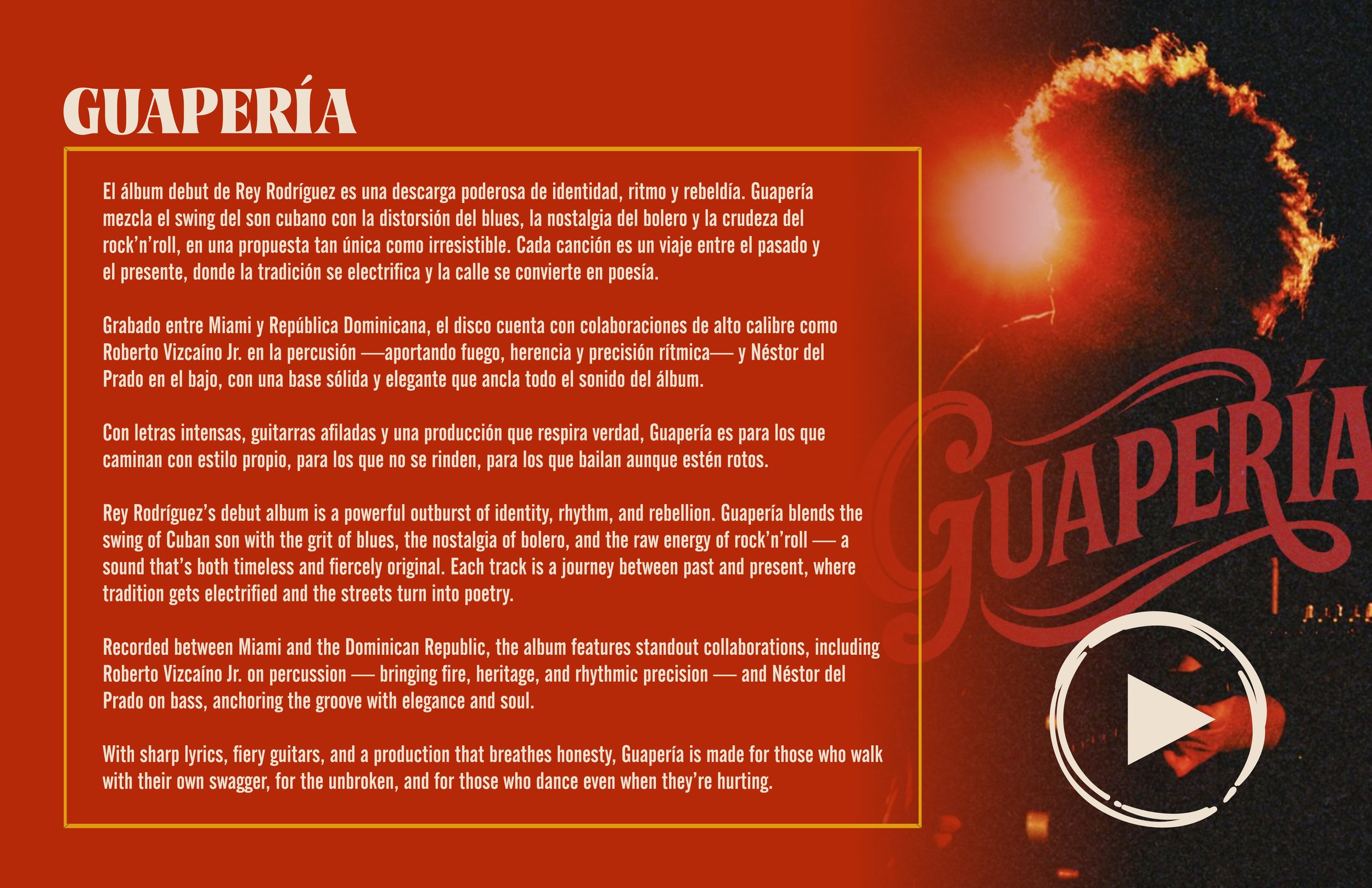 A red and black graphic design poster for the album Guapería, featuring text about the album's inspiration, collaborations, and musical style in both Spanish and English, with an abstract image of a speaker or light on the right side.