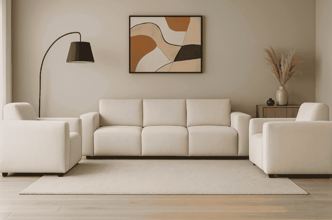 Minimalist living room with a cream sofa, two matching armchairs, a beige area rug, black arc floor lamp, abstract art on the wall, and a wooden side table with vases and dried pampas grass.