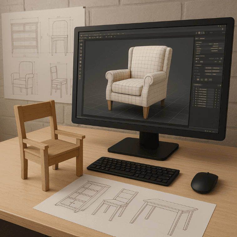 Design workspace with a computer displaying a 3D model of an armchair, wooden chair and furniture sketches on paper, and a small wooden chair model.