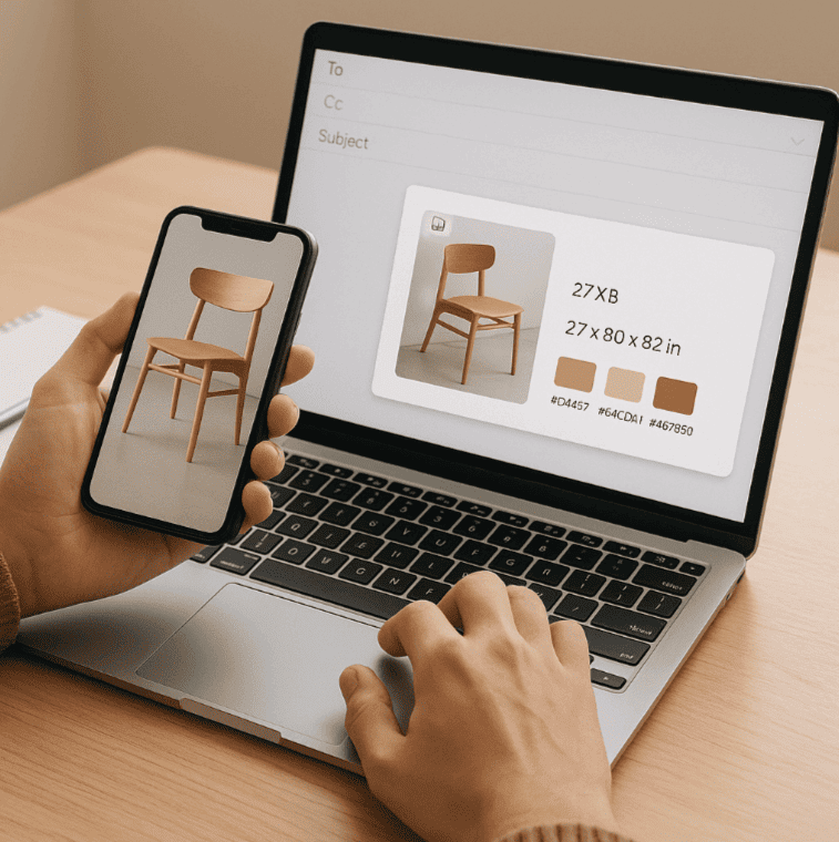 A person holding a smartphone displaying an image of a wooden chair, with the same chair shown on a laptop screen beside it. The laptop also shows details about the chair including dimensions and color codes.