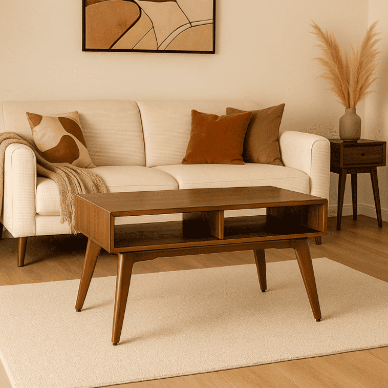 Living room with a beige sofa adorned with brown and earth-tone pillows, a wooden coffee table, a side table with a beige vase and pampas grass, a framed abstract art piece on the wall, and a cream rug on a wooden floor.