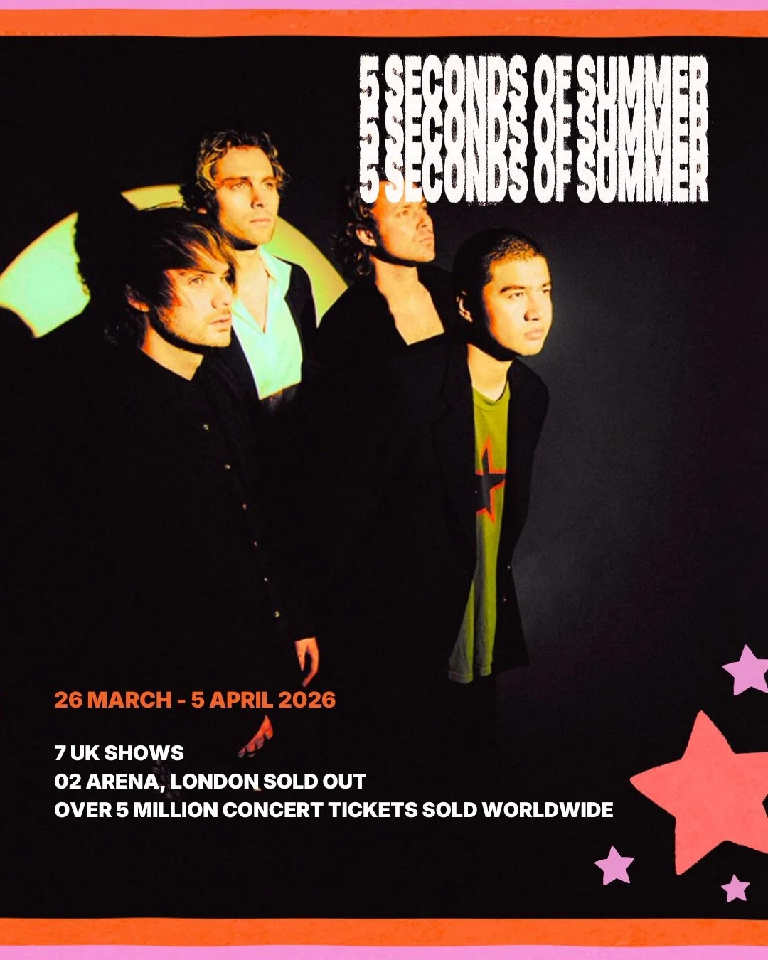 A rare advertising opportunity and the numbers speak for themselves.
 
We are offering advertising spots on the screens at the 5 Seconds of Summer UK Tour, and this is premium live entertainment exposure at serious scale.
 
Who are 5SOS? A Sydney-bor