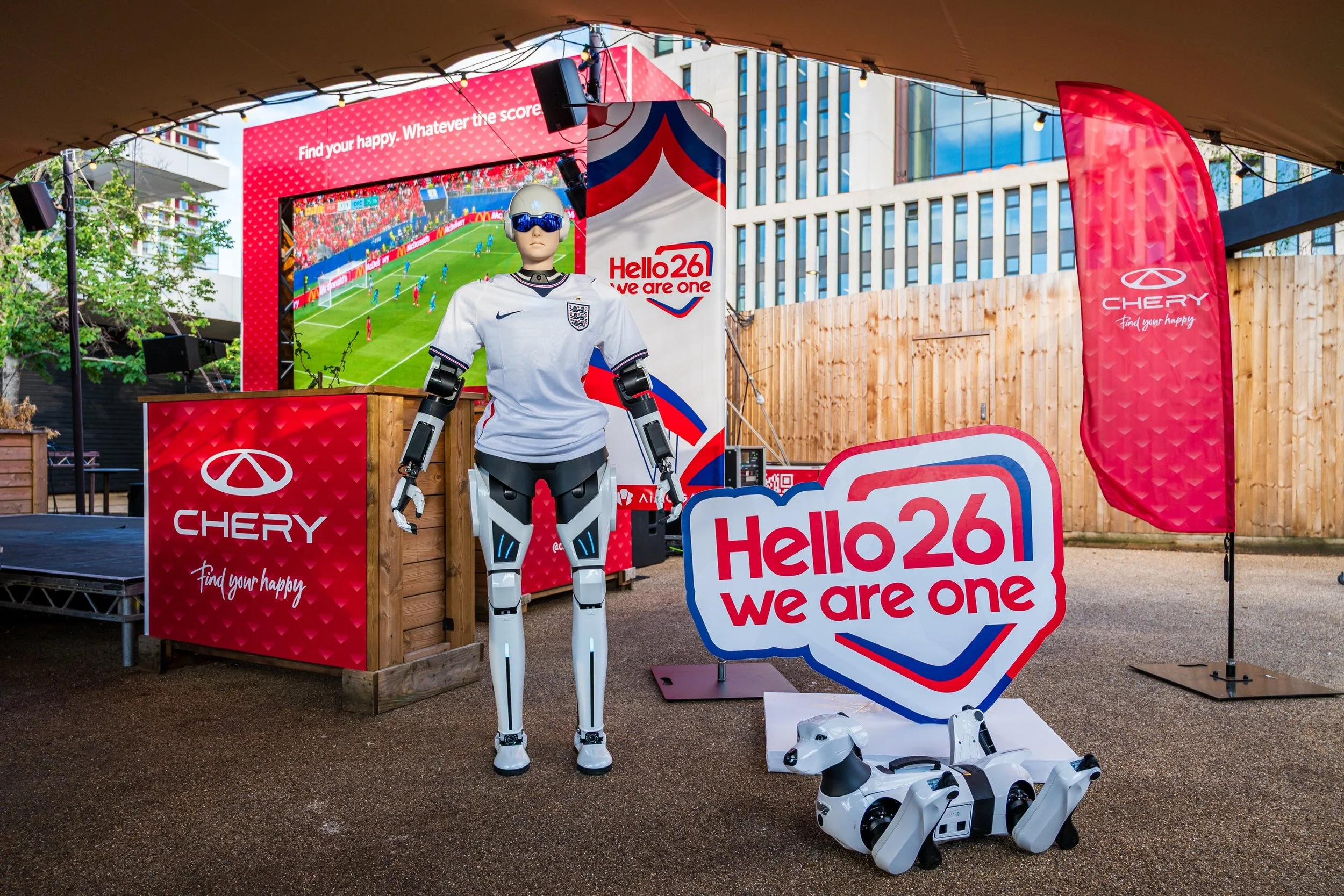 For England&rsquo;s opening game at our Stratford Fan Zone site, we worked with Chery Motors to create something a little different. Alongside the football, fans were greeted by a humanoid robot and robot dog, turning heads  and adding an unexpected 