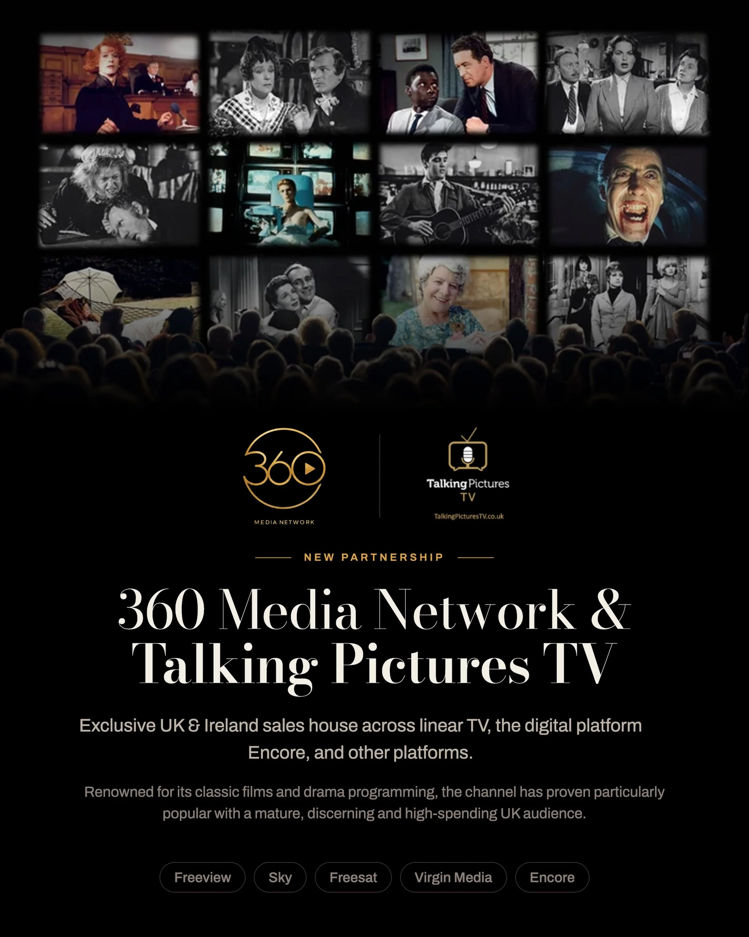 Big news 🚨 From today, 360 Media Network is Talking Pictures TV&rsquo;s exclusive UK and Ireland sales house.

That covers the linear channel, digital platform Encore and other platforms &mdash; bringing advertisers access to one of British televisi