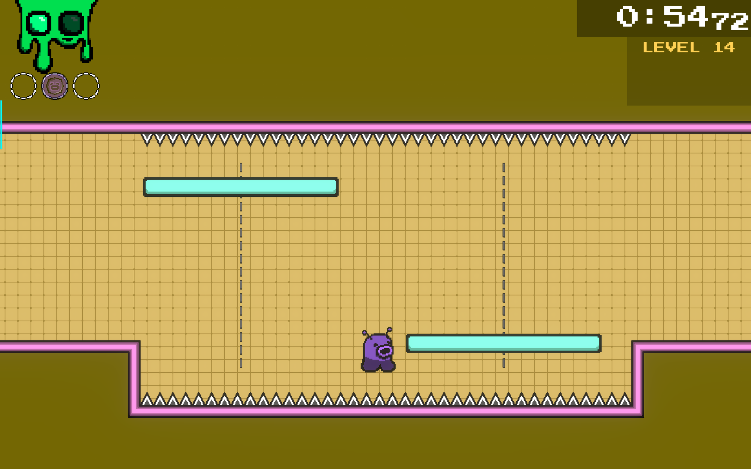 The second room requires the player to navigate through a section with two vertically-moving platforms which travel up and down quickly.