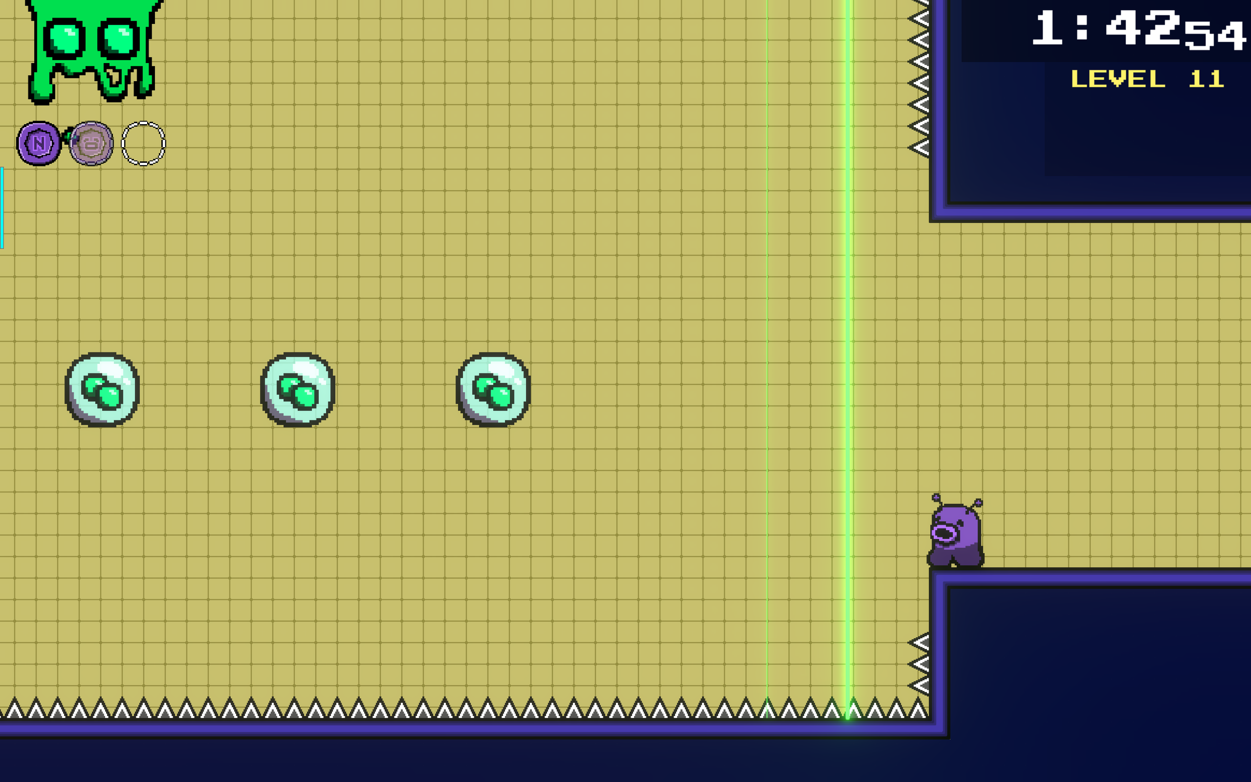 This next room cleverly uses two time-based lasers to dictate when you can enter and leave the room. In this room, the player needs to figure out that they must stall in the air for as much time as possible, making full use of every shot from all thr