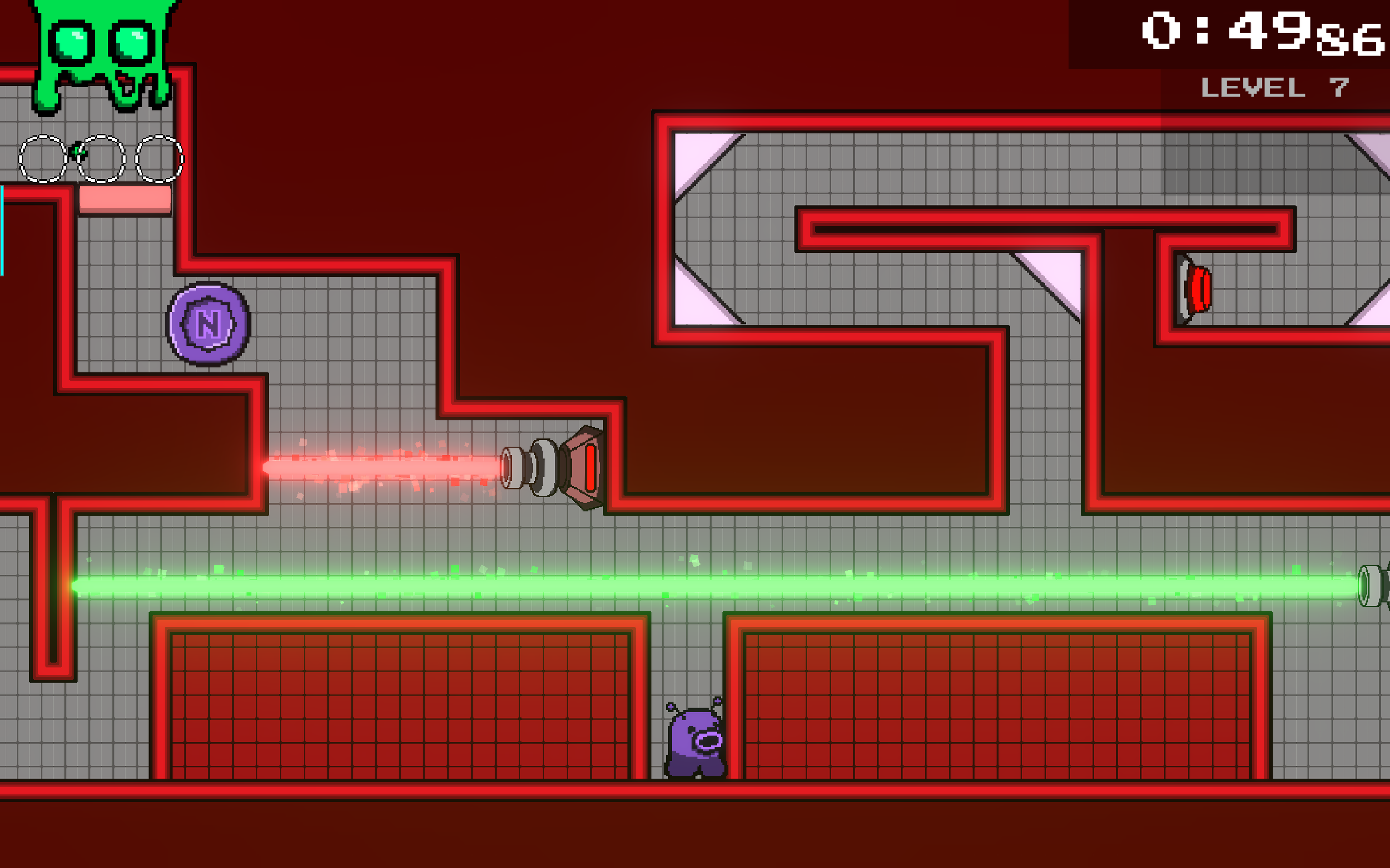 This section lets the player optionally try to nab a coin, which is hidden behind a button-deactivated laser. To deactivate it, they must hit the button with a bullet. However, this all has to be done before the time-based laser turns back on, and af